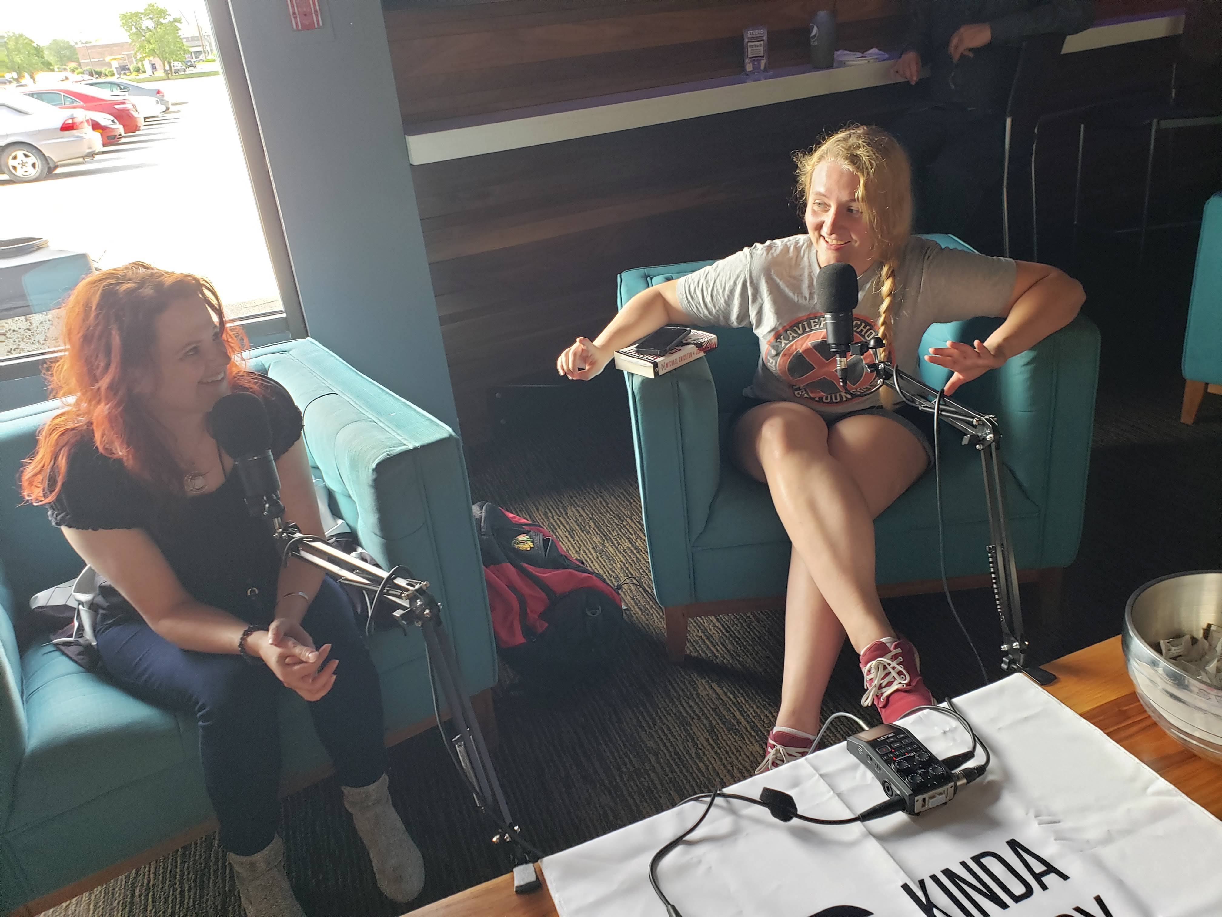 KJ recording a podcast